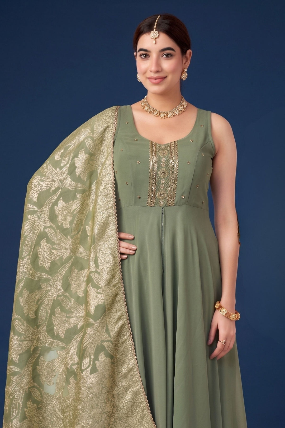 Light Green Zardozi, Mirror, Zari and Stone work Mastani Styled Palazzo Suit