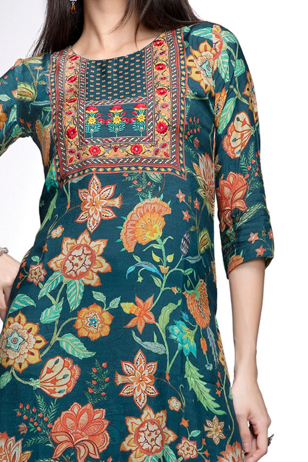 Green Mirror and Embroidery work with Floral Print Calf Length Kurti