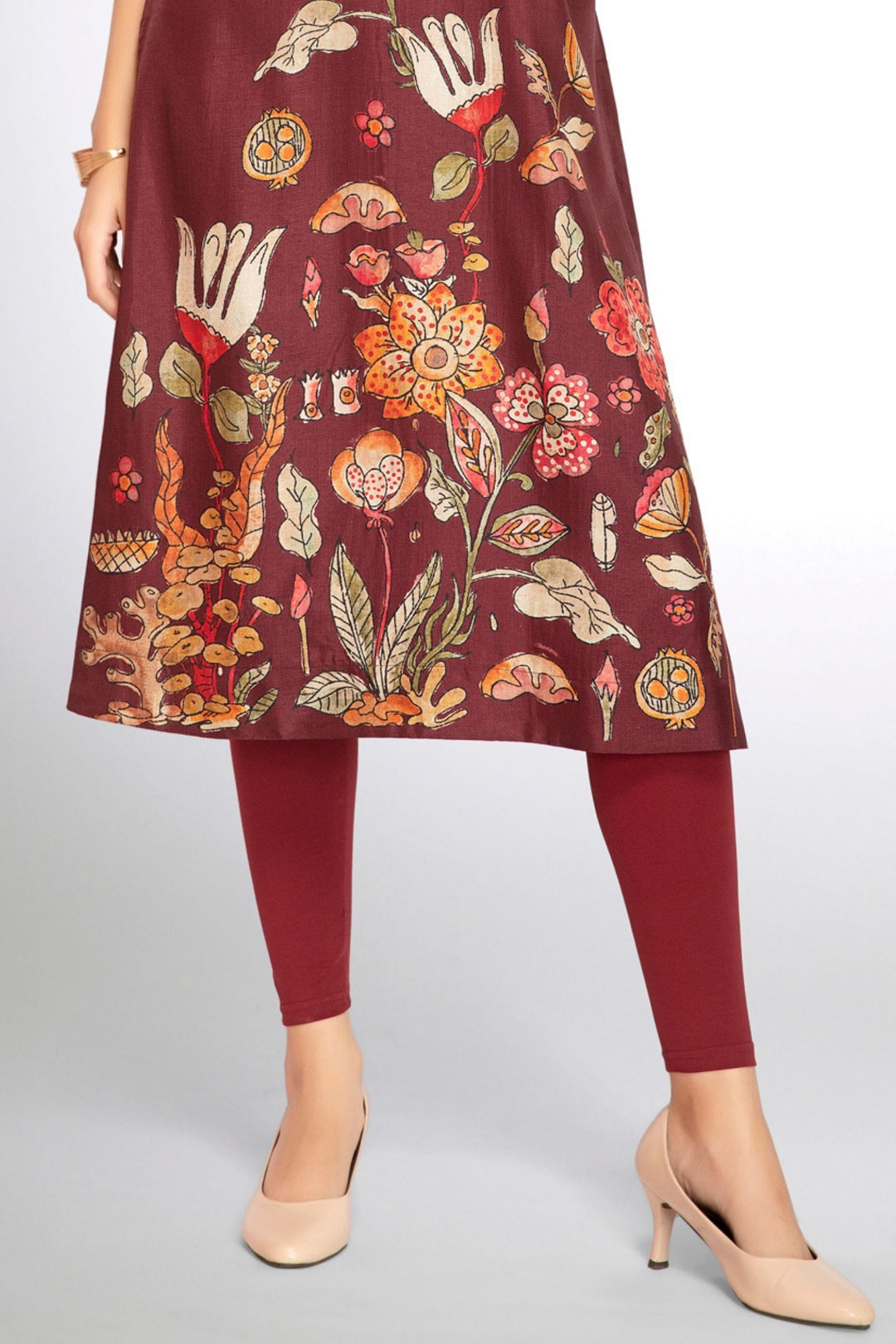 Maroon Floral Print Calf Length Kurti