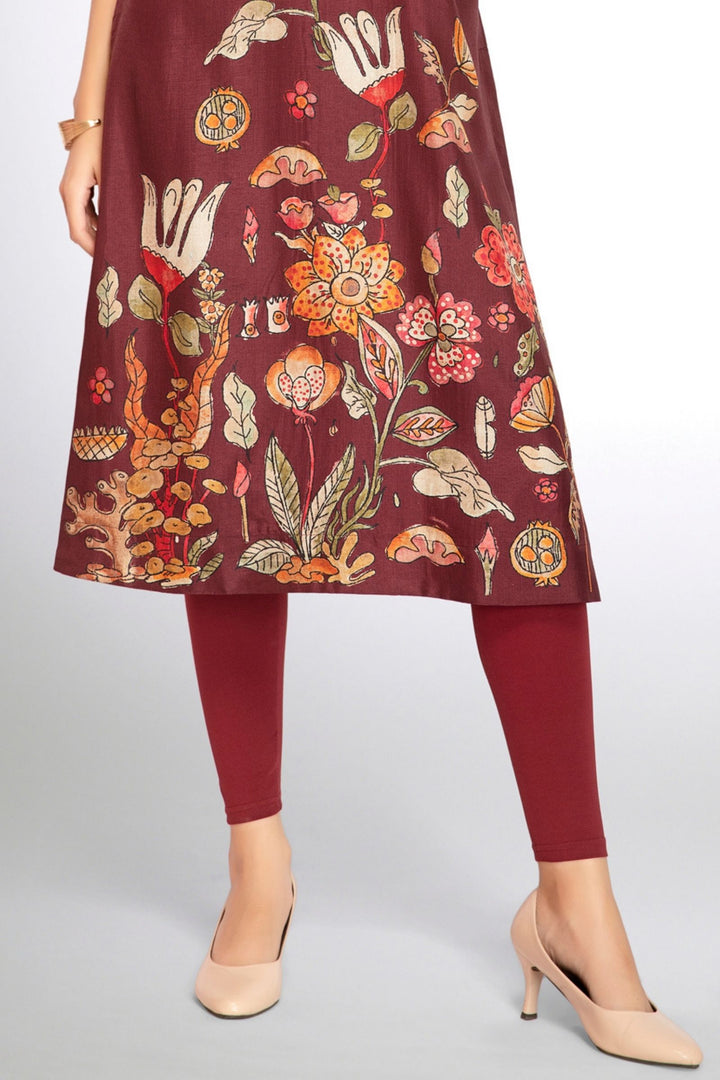 Maroon Floral Print Calf Length Kurti