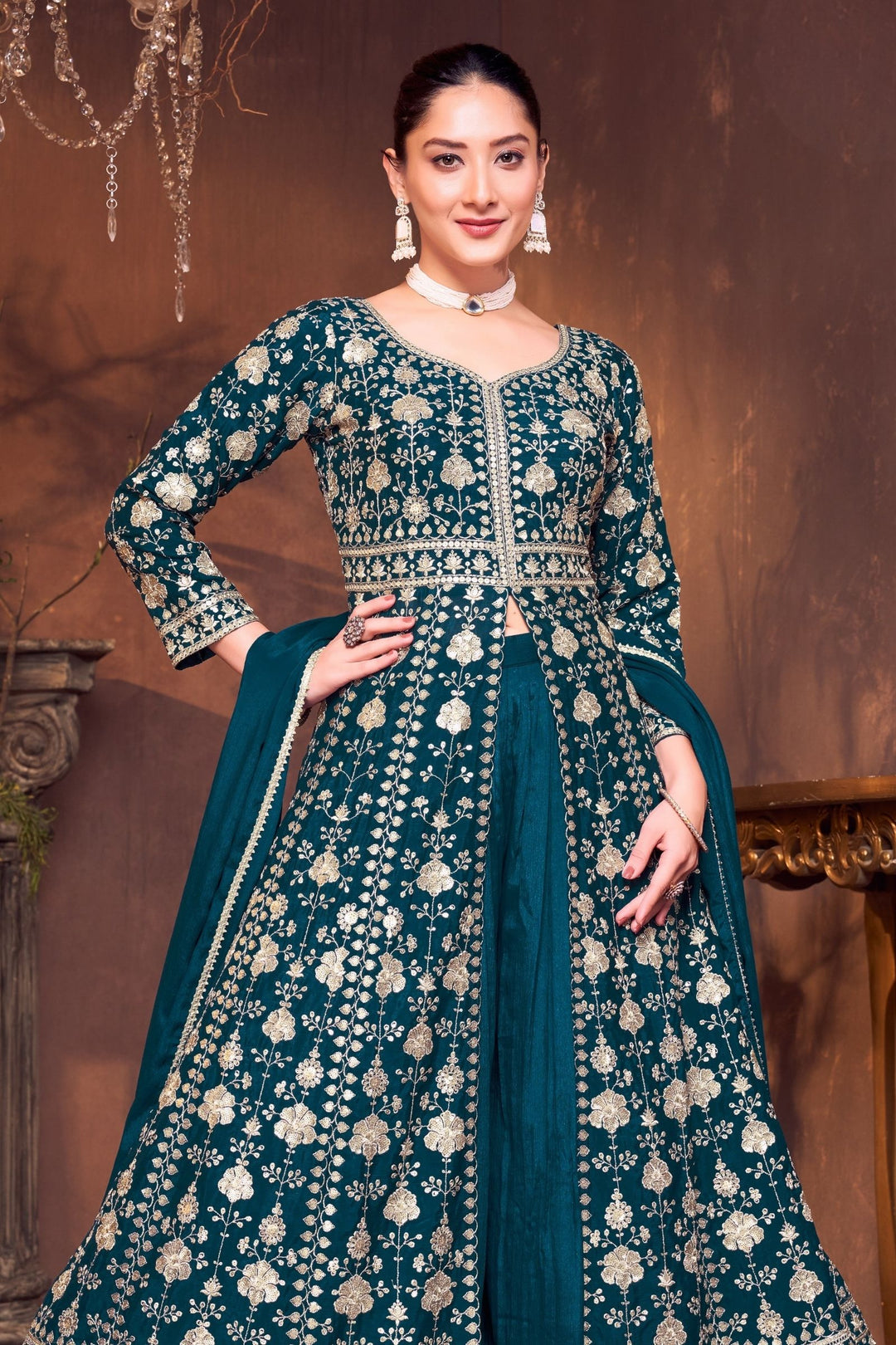 Peacock Blue Sequins and Zari work Mastani Styled Palazzo Suit