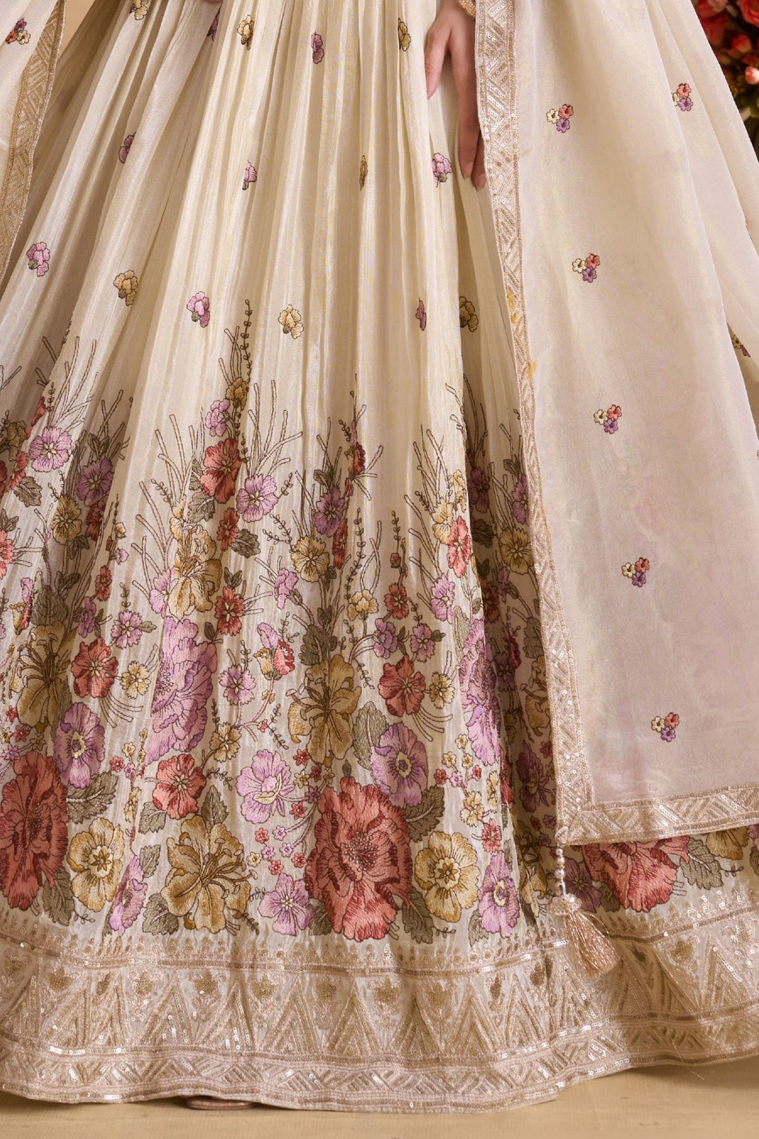 Cream Multicolor Embroidery, Stone, Sequins, Beads and Zardozi work Top with Lehenga