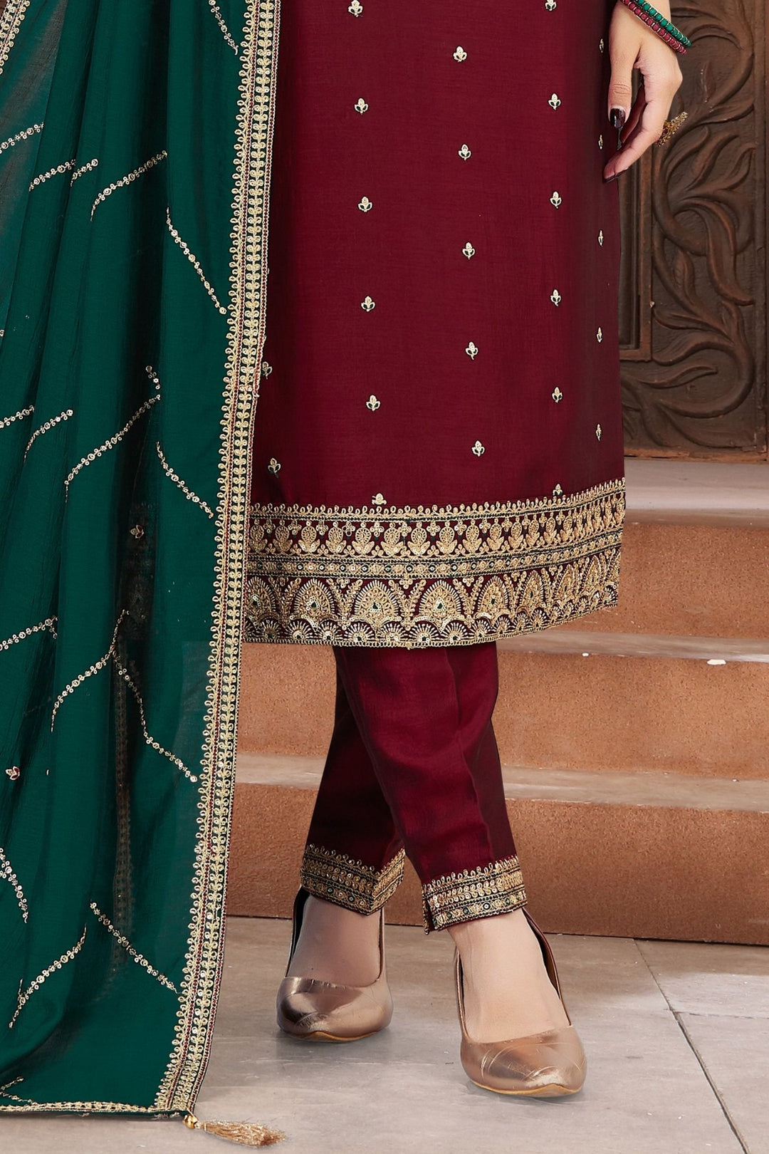 Maroon Sequins, Zari, Beads and Thread work Straight Cut Salwar Suit