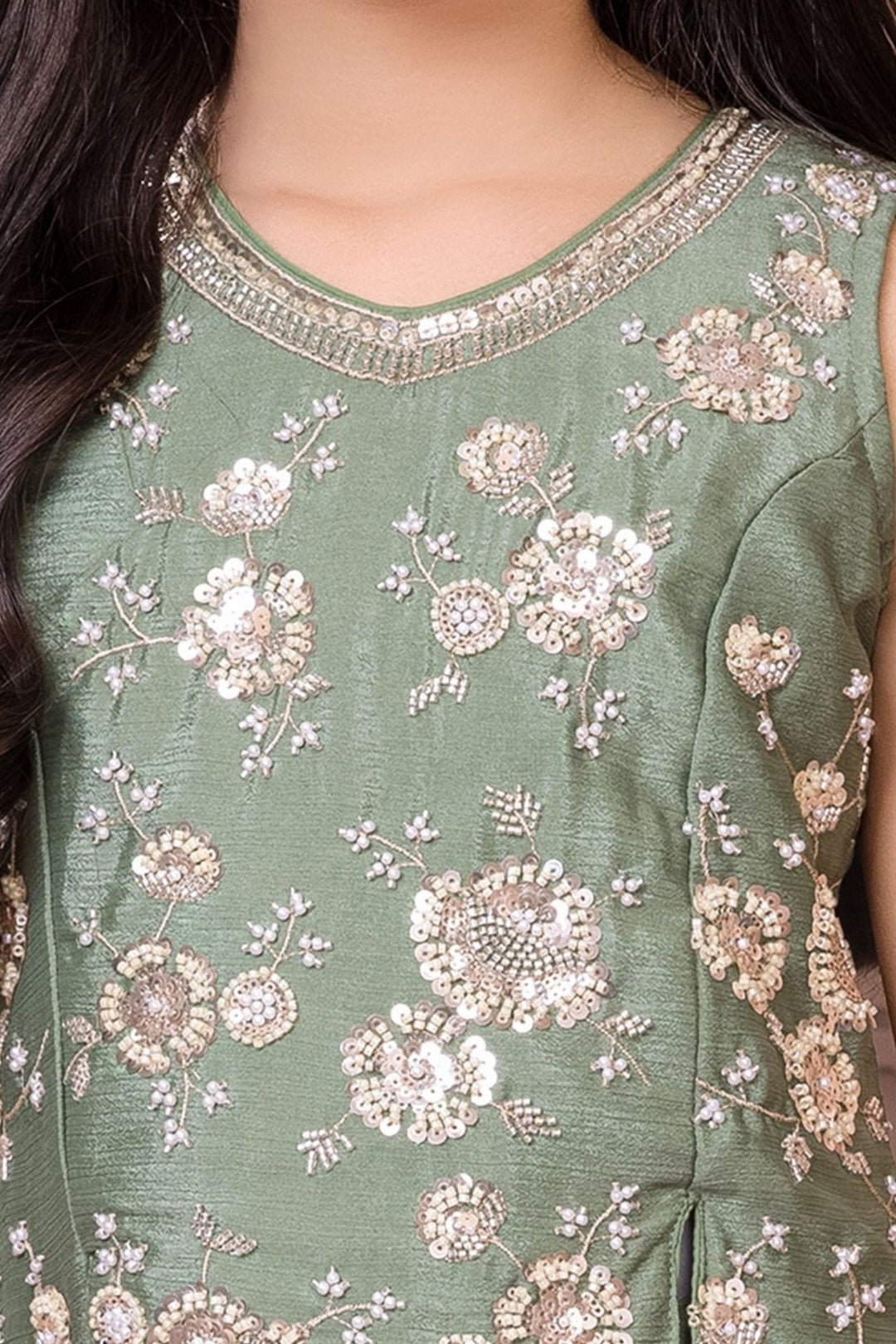 Mehendi Green Sequins, Beads and Thread work Palazzo Suit Set for Girls