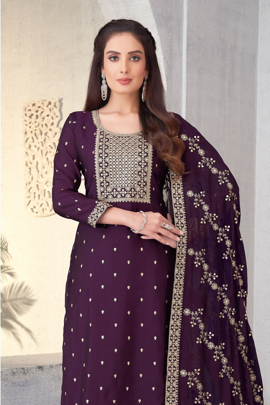 Wine Sequins and Zari work Straight Cut Salwar Suit