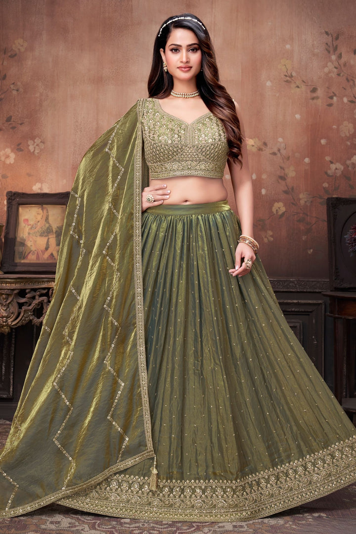 Mehendi Green Sequins, Beads and Zari Thread work Crop Top Lehenga