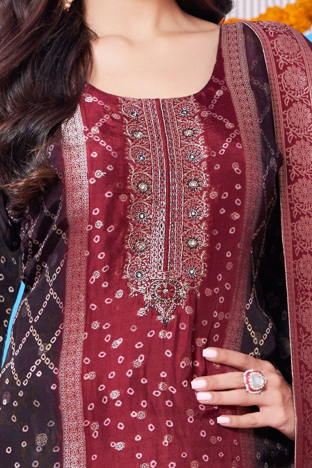 Wine with Maroon Bandini Print, Zardozi and Banaras work Straight Cut Salwar Suit
