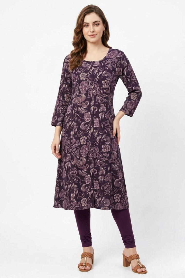 Wine Digital Print A-Line Cut Calf Length Kurti