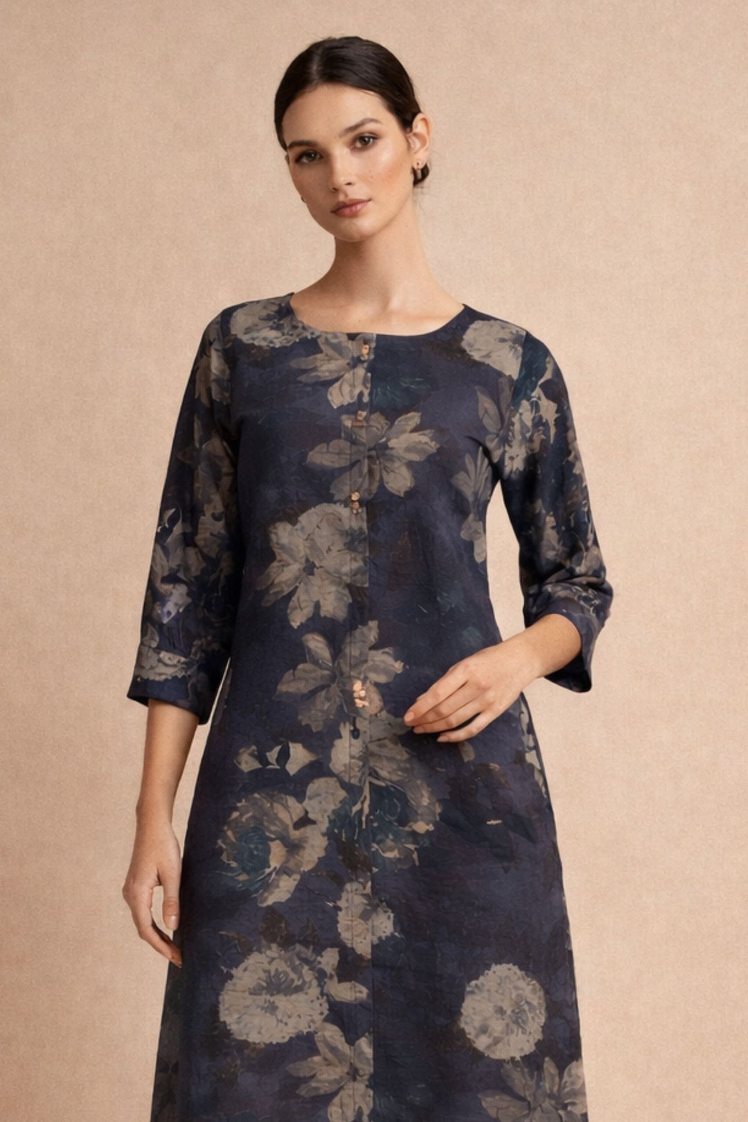 Black Floral Print Calf Length Kurti