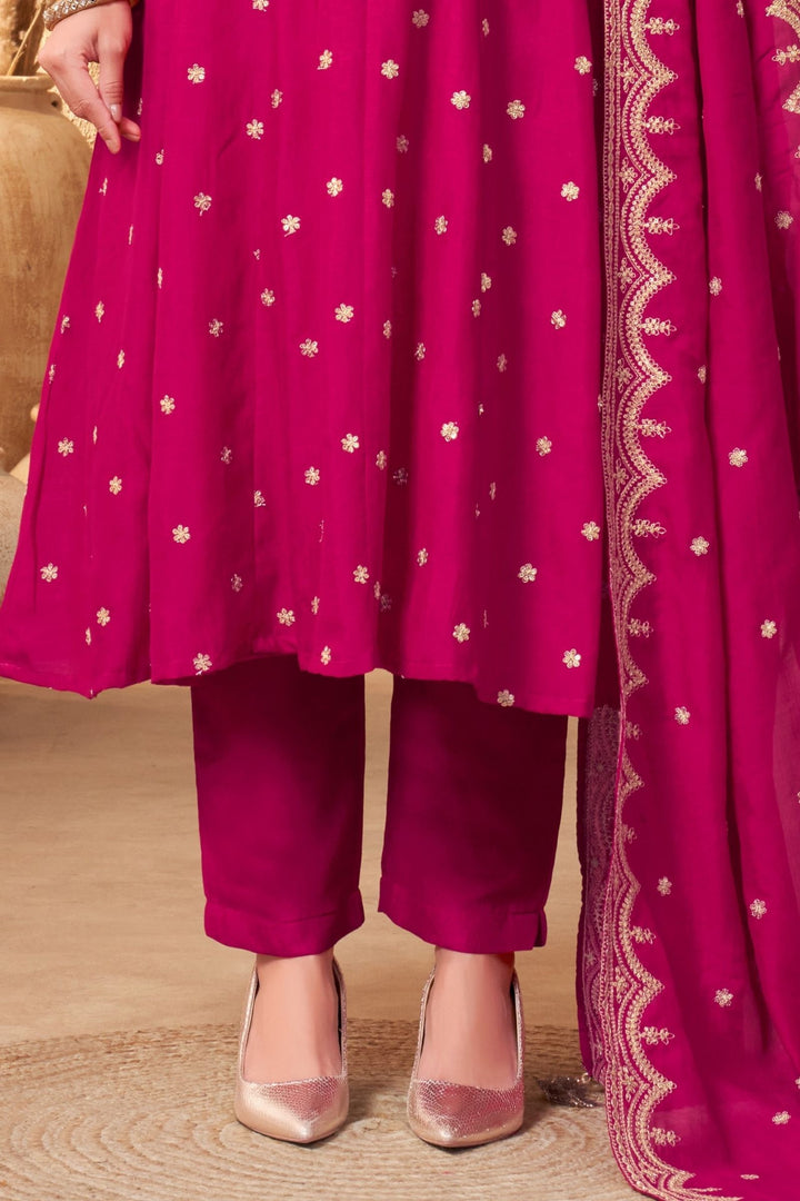 Rani Pink Zari, Zardozi, Sequins and Stone work A-line Cut Salwar Suit