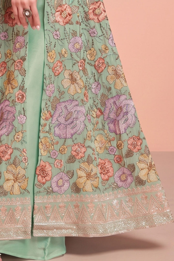 Sea Blue Floral Embroidery, Sequins and Zari work Mastani Styled Palazzo Suit