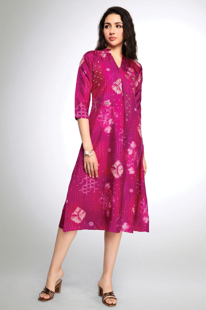 Magenta Digital Print and Beads work A-line Cut Calf Length Kurti