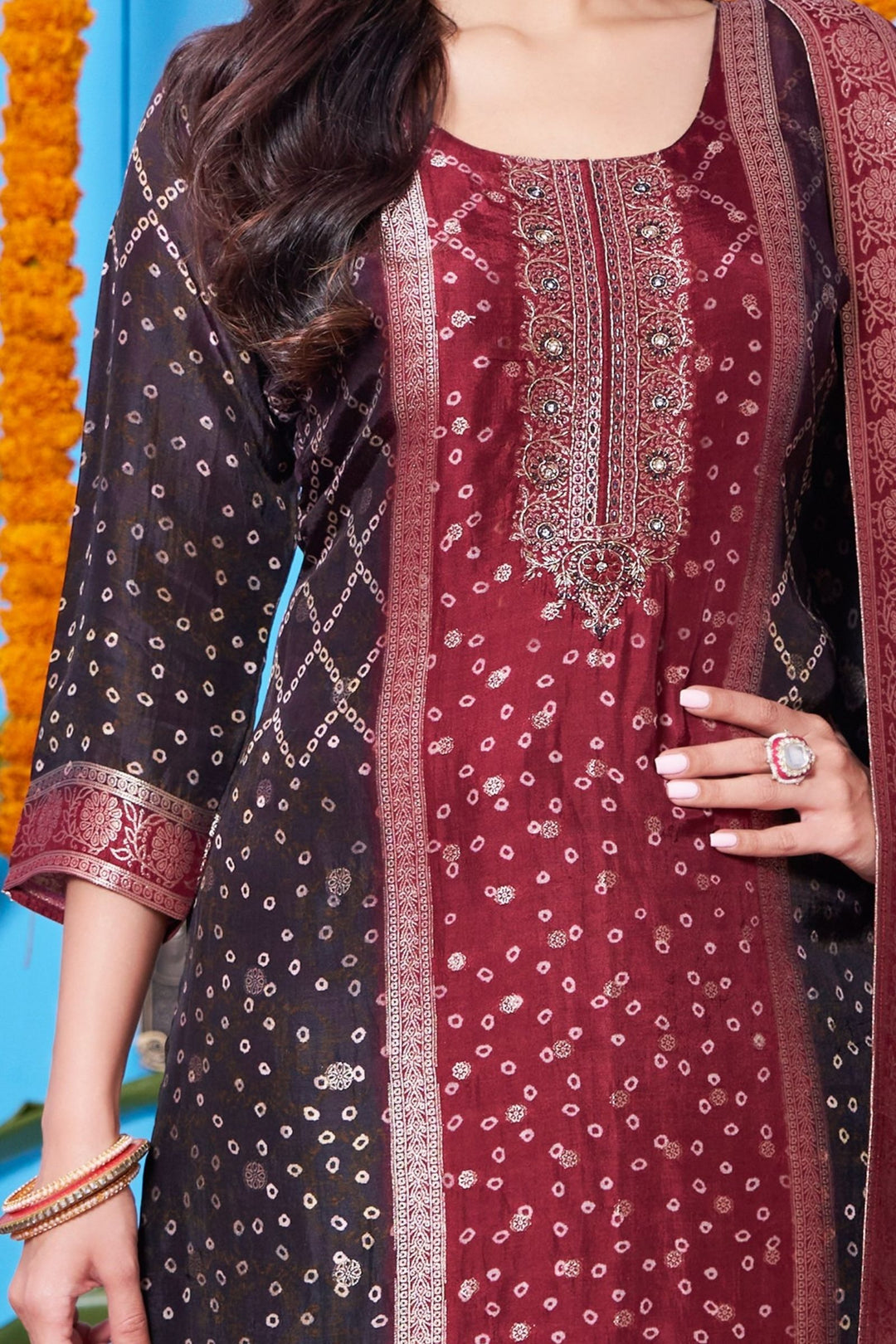 Wine with Maroon Bandini Print, Zardozi and Banaras work Straight Cut Salwar Suit