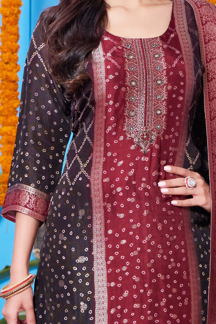 Wine with Maroon Bandini Print, Zardozi and Banaras work Straight Cut Salwar Suit