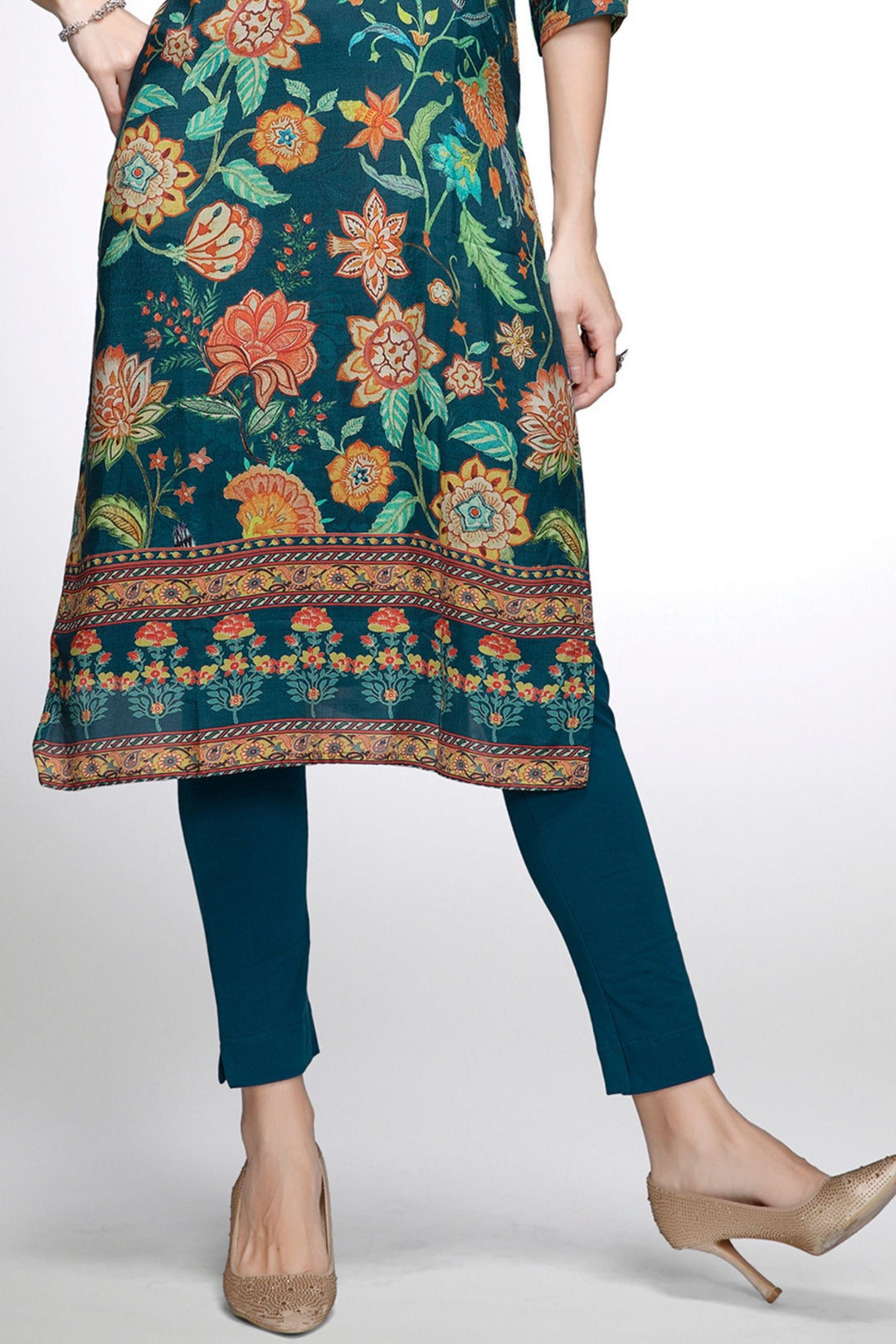 Green Mirror and Embroidery work with Floral Print Calf Length Kurti