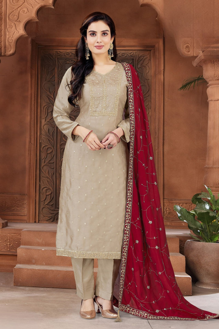 Beige Sequins, Zari and Beads work Straight Cut Salwar Suit