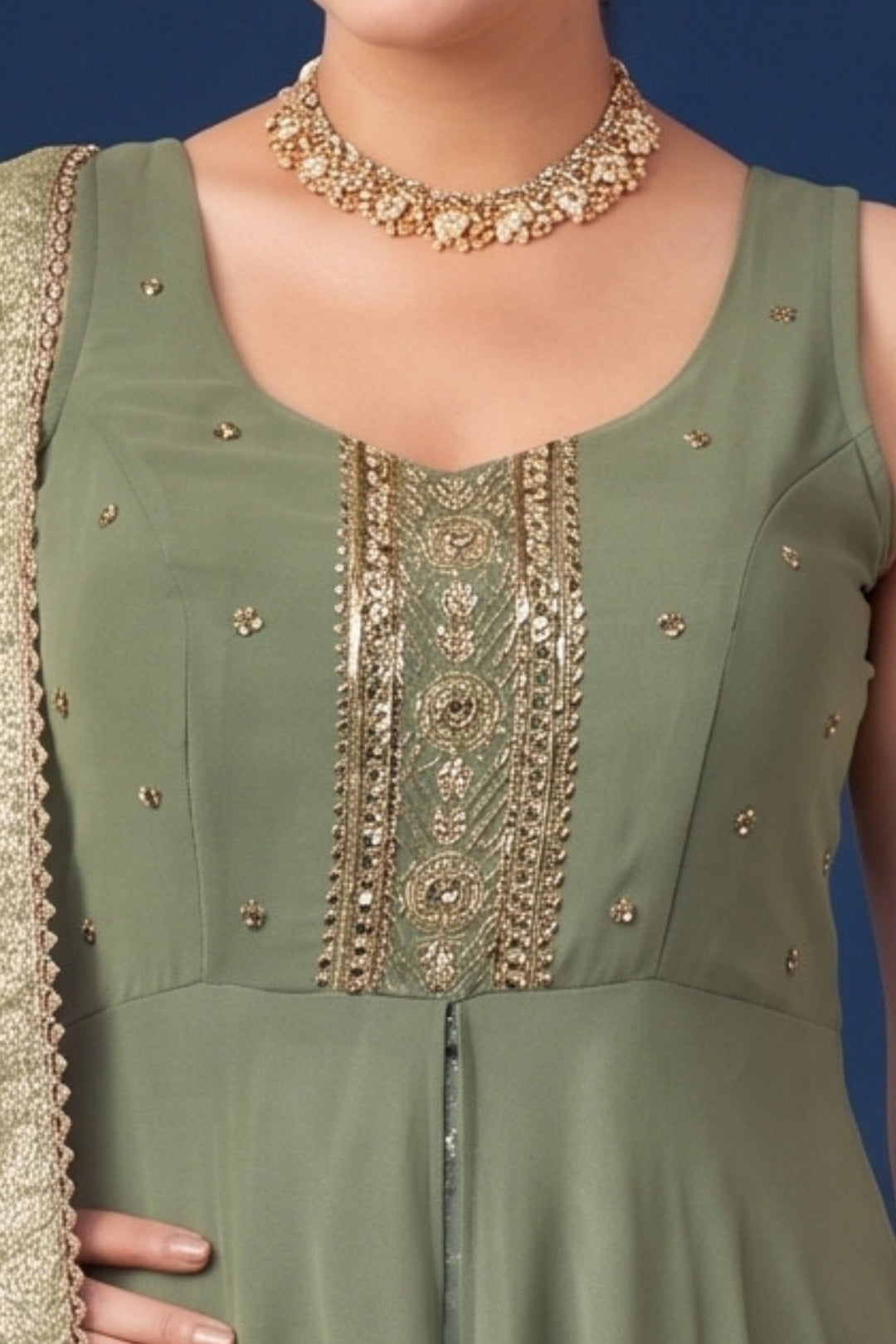 Light Green Zardozi, Mirror, Zari and Stone work Mastani Styled Palazzo Suit