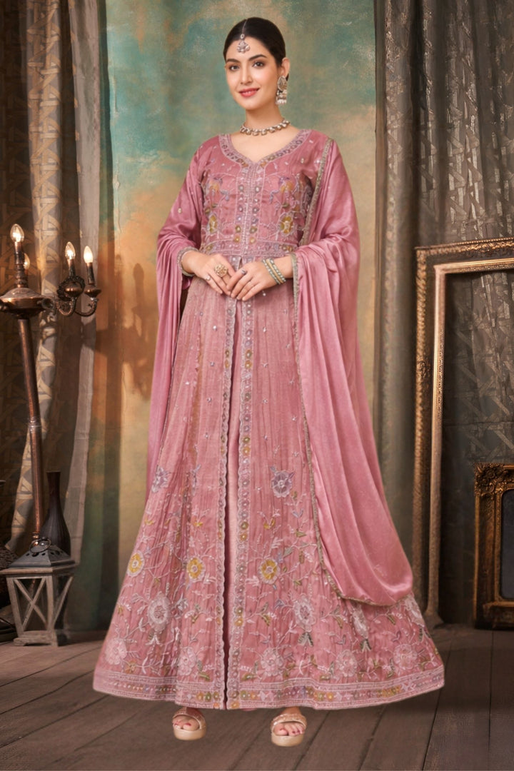 Onion Pink Multicolor Embroidery, Sequins and Beads work Mastani Styled Palazzo Suit