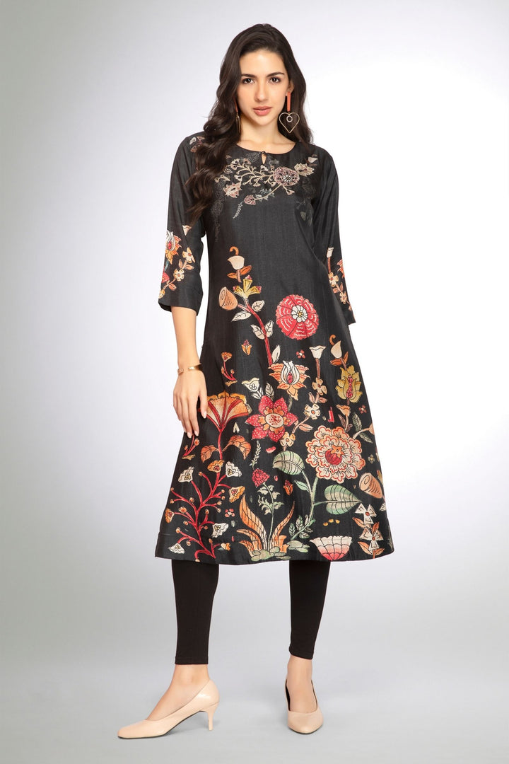 Black Floral Print Calf Length Kurti