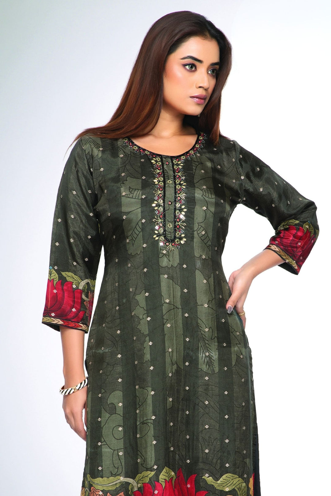 Elephant Grey with Red Floral Print, Beads, Mirror and Banaras Butta work Straight Kurta Set