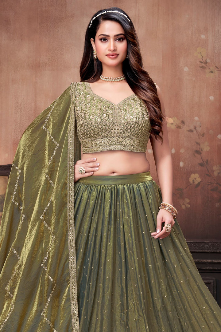 Mehendi Green Sequins, Beads and Zari Thread work Crop Top Lehenga