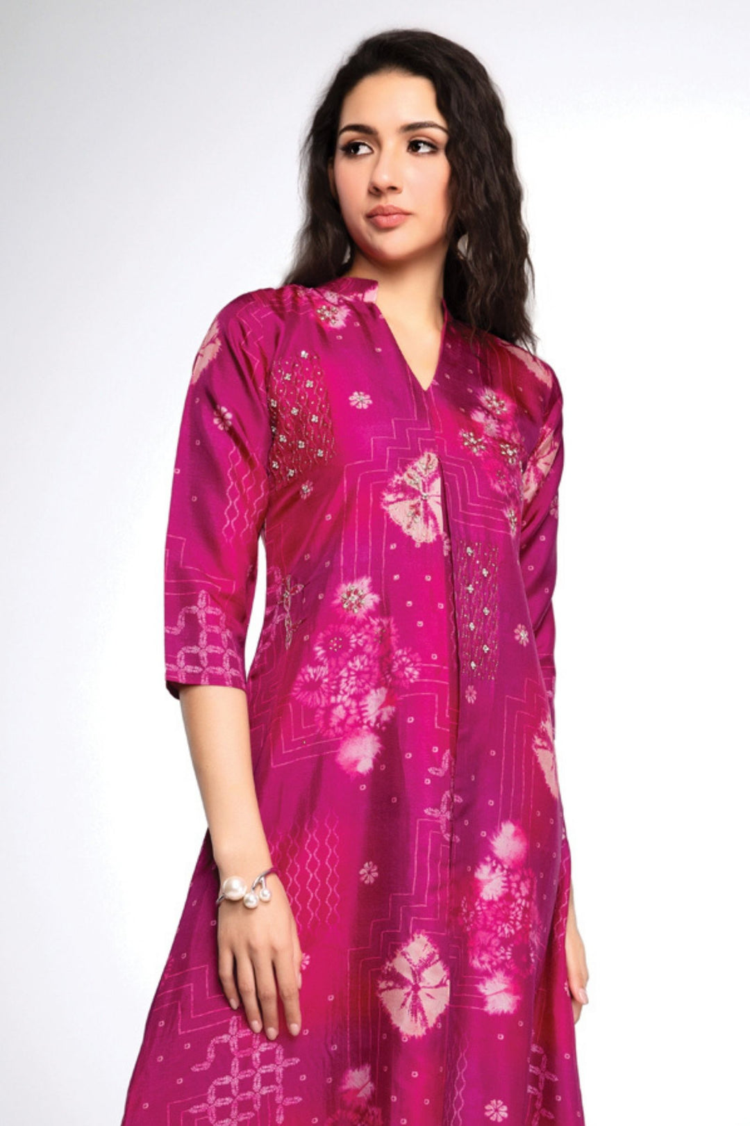 Magenta Digital Print and Beads work A-line Cut Calf Length Kurti