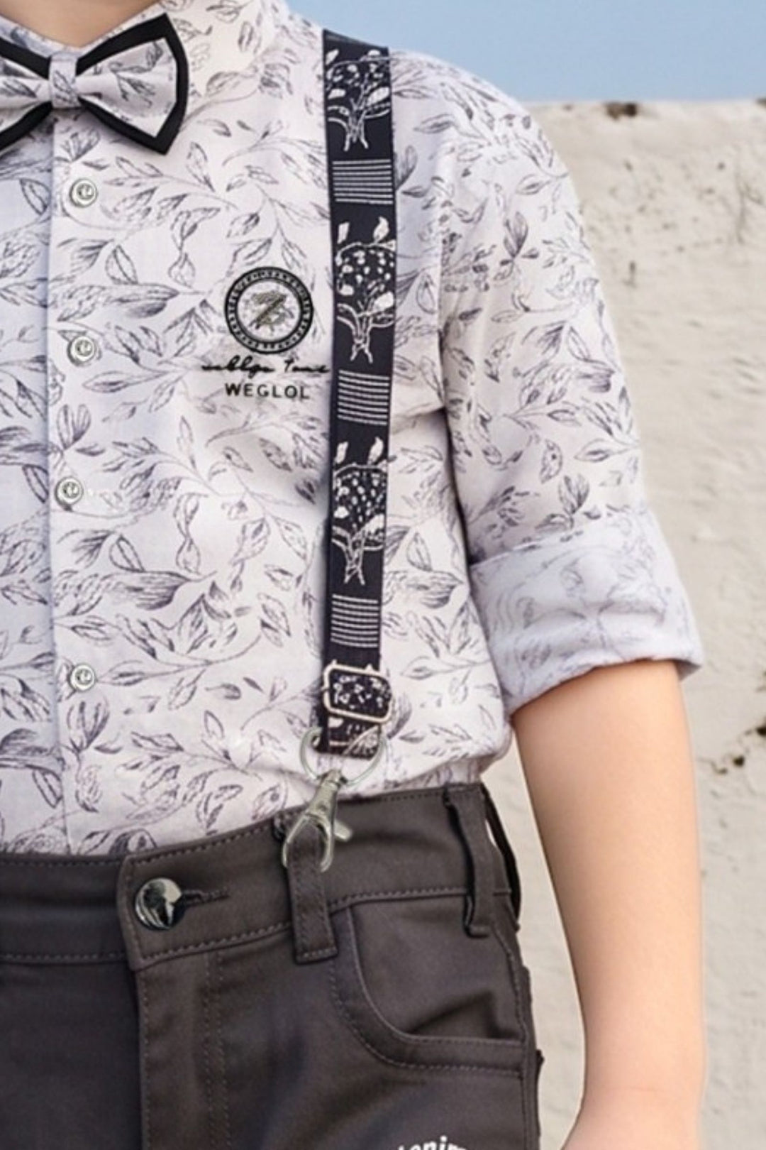 White with Dark Grey Digital Print Suspender Style Pant Shirt Set for Boys