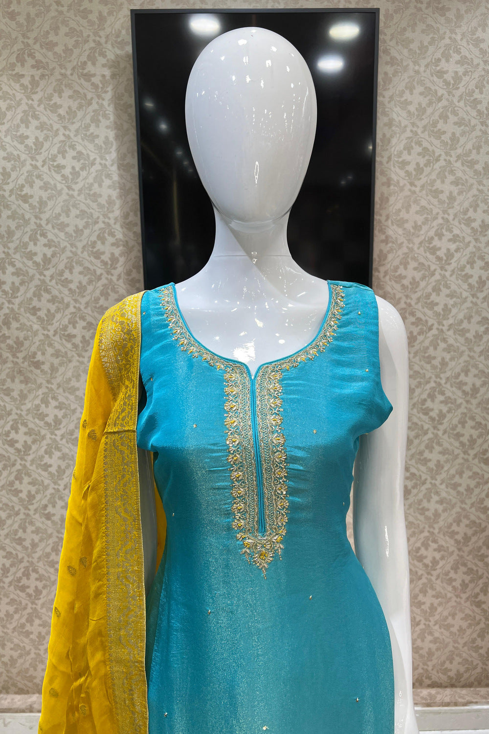 Sky Blue Zardozi, Beads, Zari and Stone work Straight Cut Salwar Suit