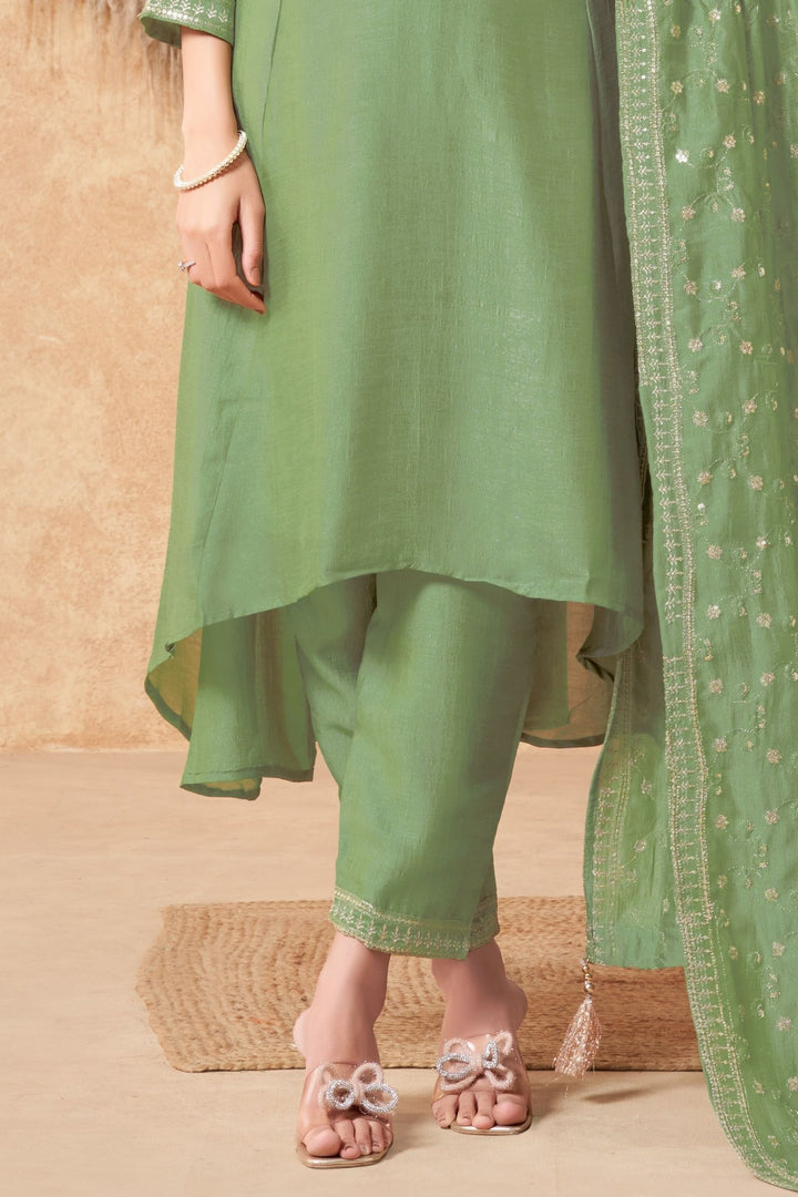 Pista Green Sequins, Beads, Mirror and Zari work A-line Cut Anarkali Styled Salwar Suit
