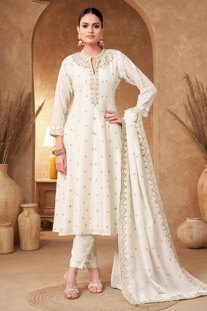 Cream Zari, Zardozi, Sequins and Stone work A-line Cut Salwar Suit