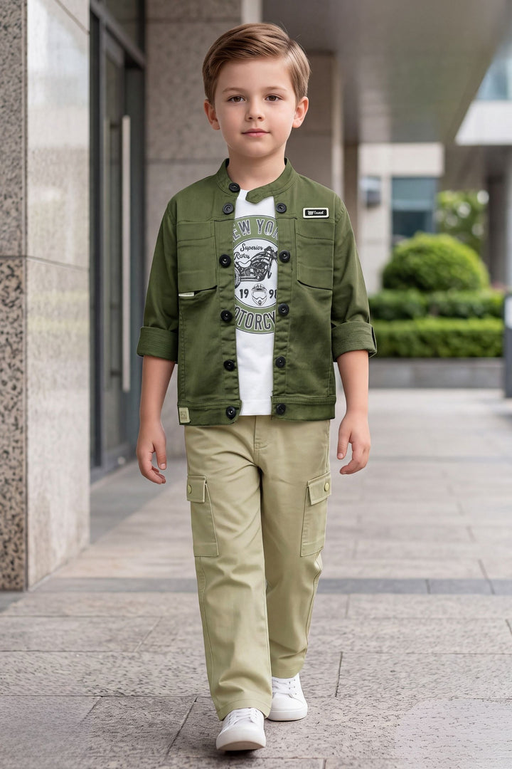 Green Blazer, Printed T-Shirt and Beige Pant Set for Boys