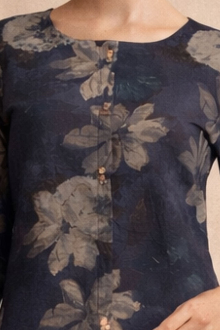 Black Floral Print Calf Length Kurti