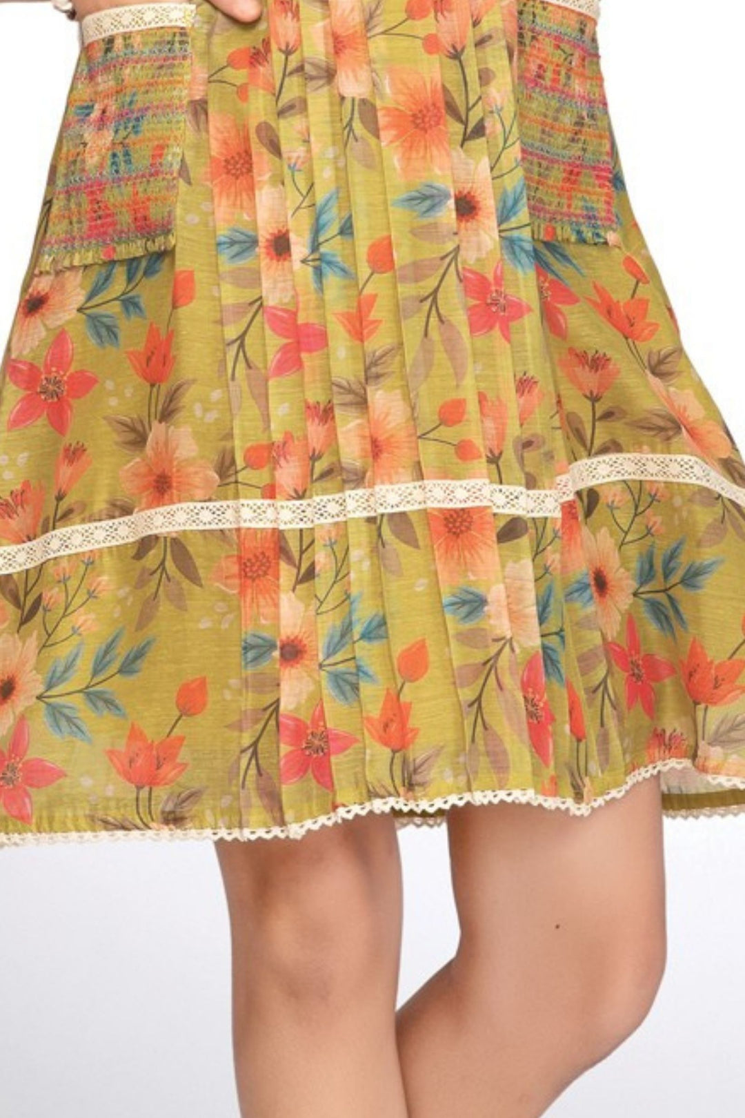 Girls Floral Print Casual Frock with Woven Yoke and Front Pockets
