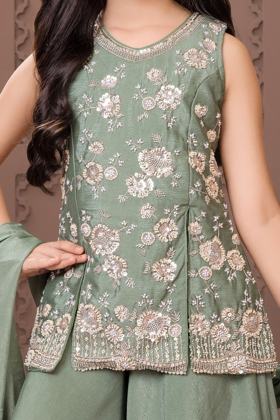Mehendi Green Sequins, Beads and Thread work Palazzo Suit Set for Girls
