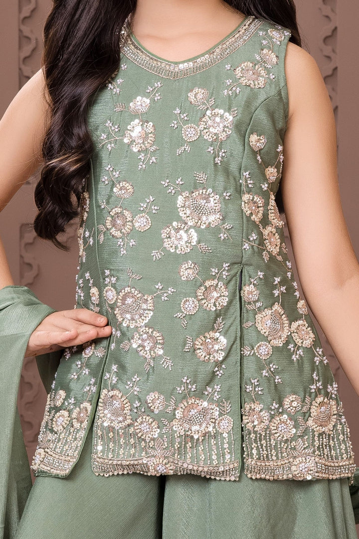 Mehendi Green Sequins, Beads and Thread work Palazzo Suit Set for Girls