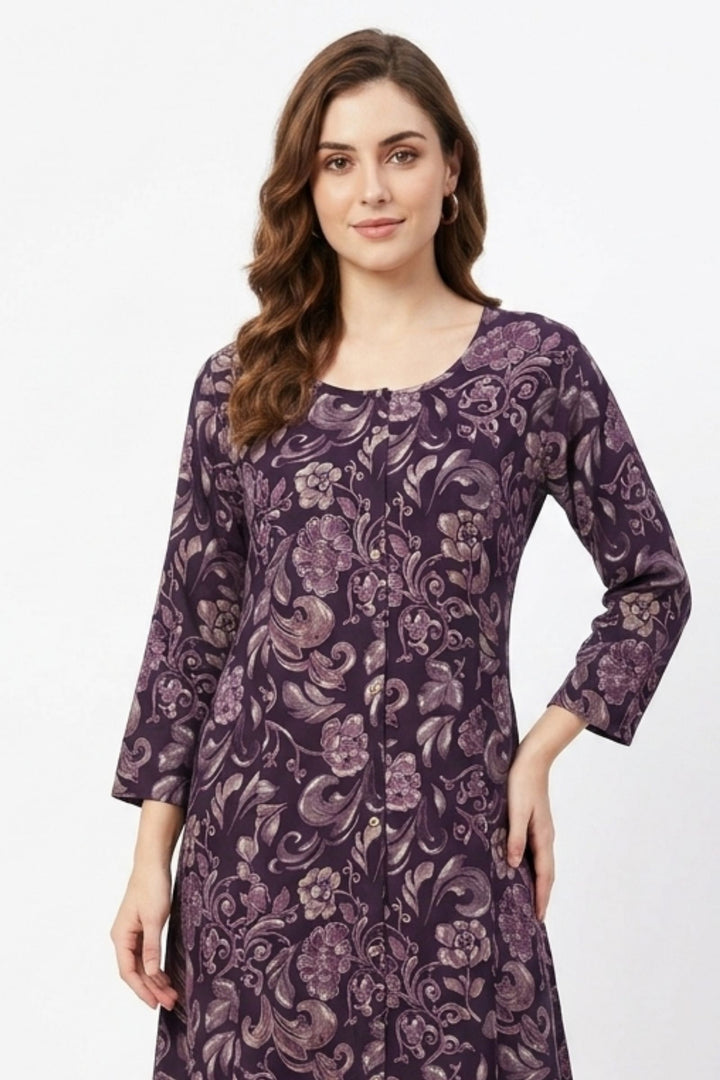 Wine Digital Print A-Line Cut Calf Length Kurti