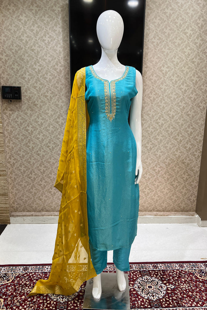 Sky Blue Zardozi, Beads, Zari and Stone work Straight Cut Salwar Suit