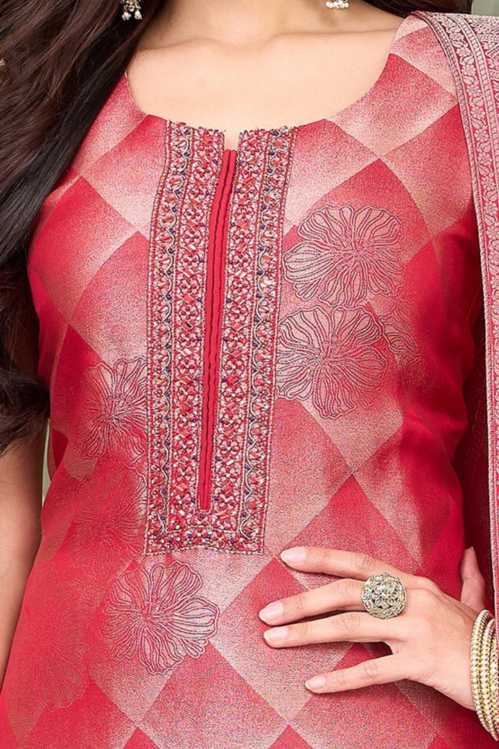 Red Mirror, Zardozi, Beads, Stone, Thread and Sequins work Straight Cut Salwar Suit