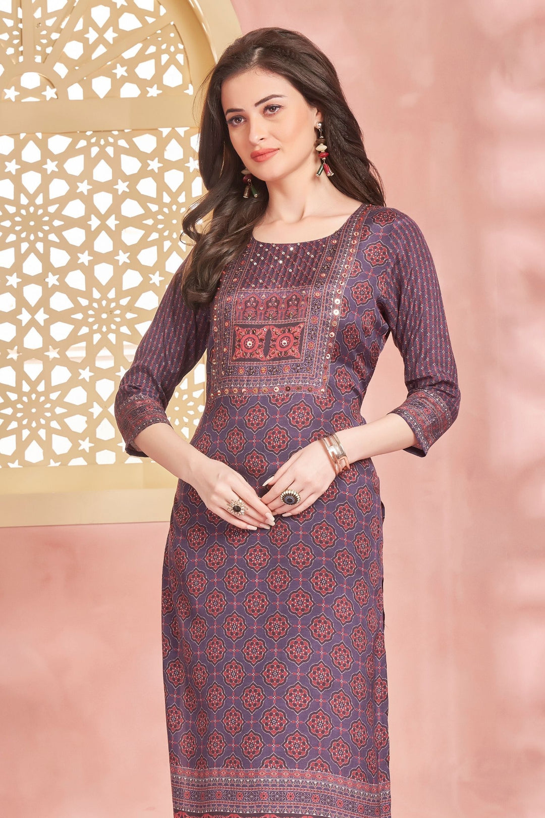 Purple Sequins and Thread work with Digital Print Calf Length Kurti