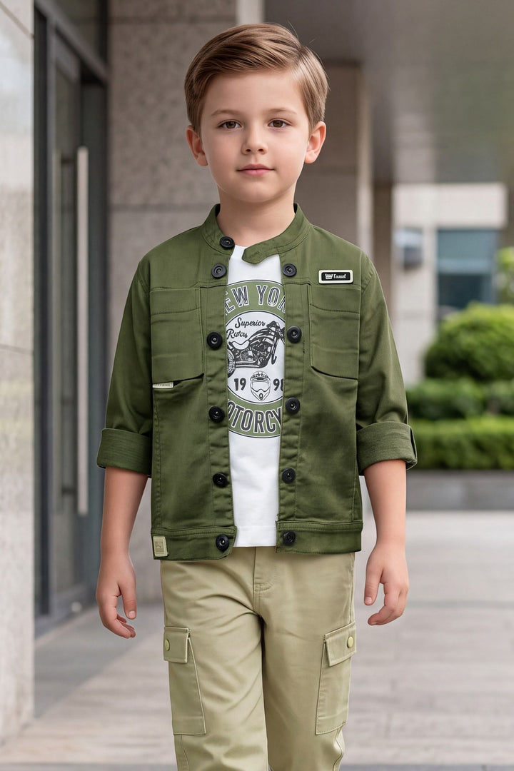 Green Blazer, Printed T-Shirt and Beige Pant Set for Boys