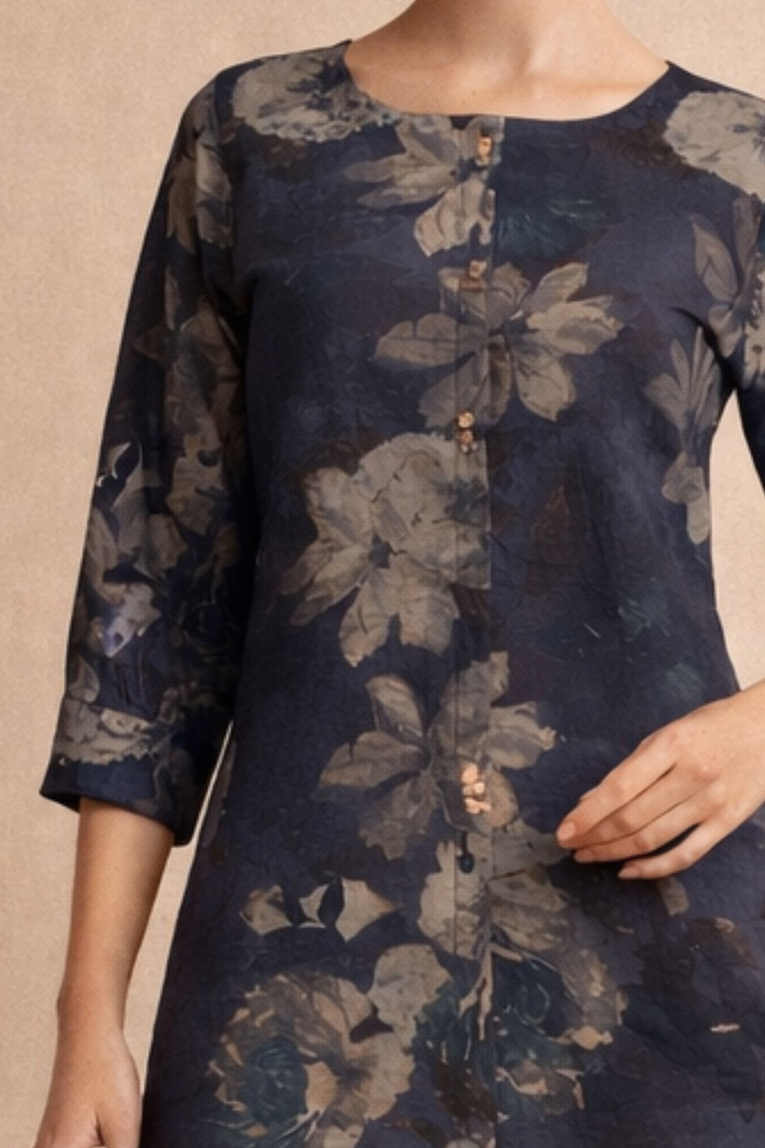 Black Floral Print Calf Length Kurti