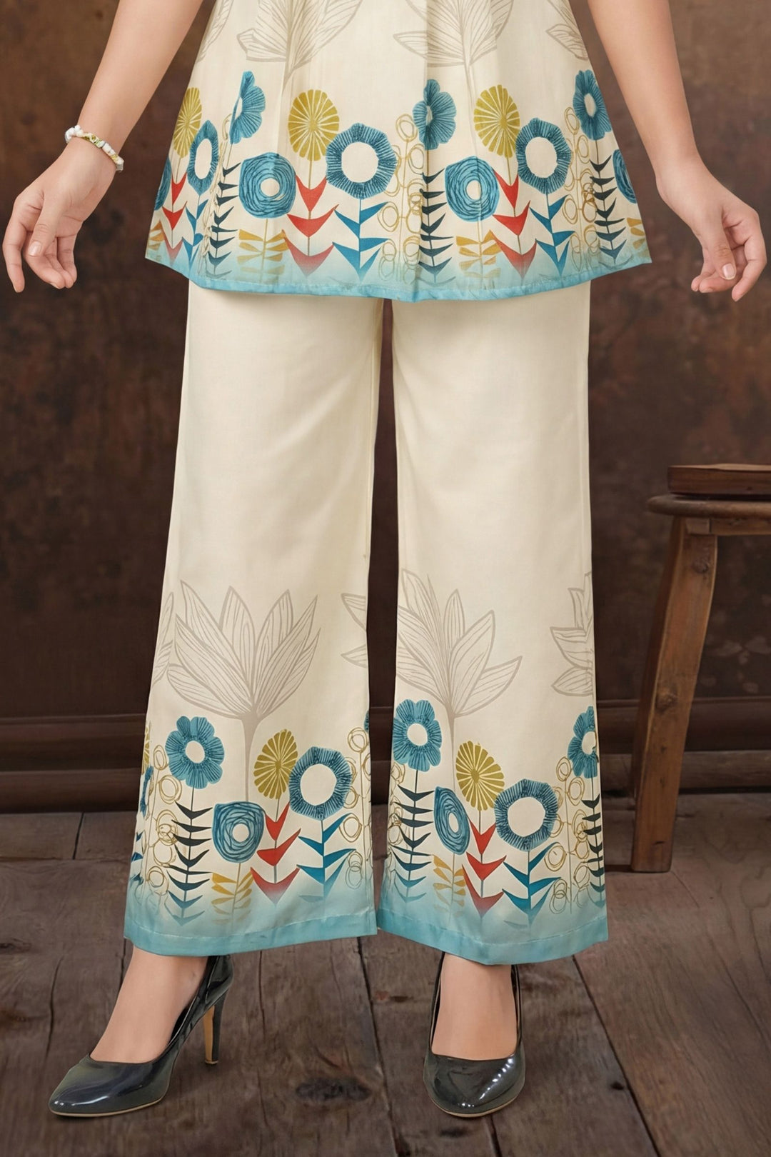 Half White Multicolor Digital Print Co-ord Set for Girls