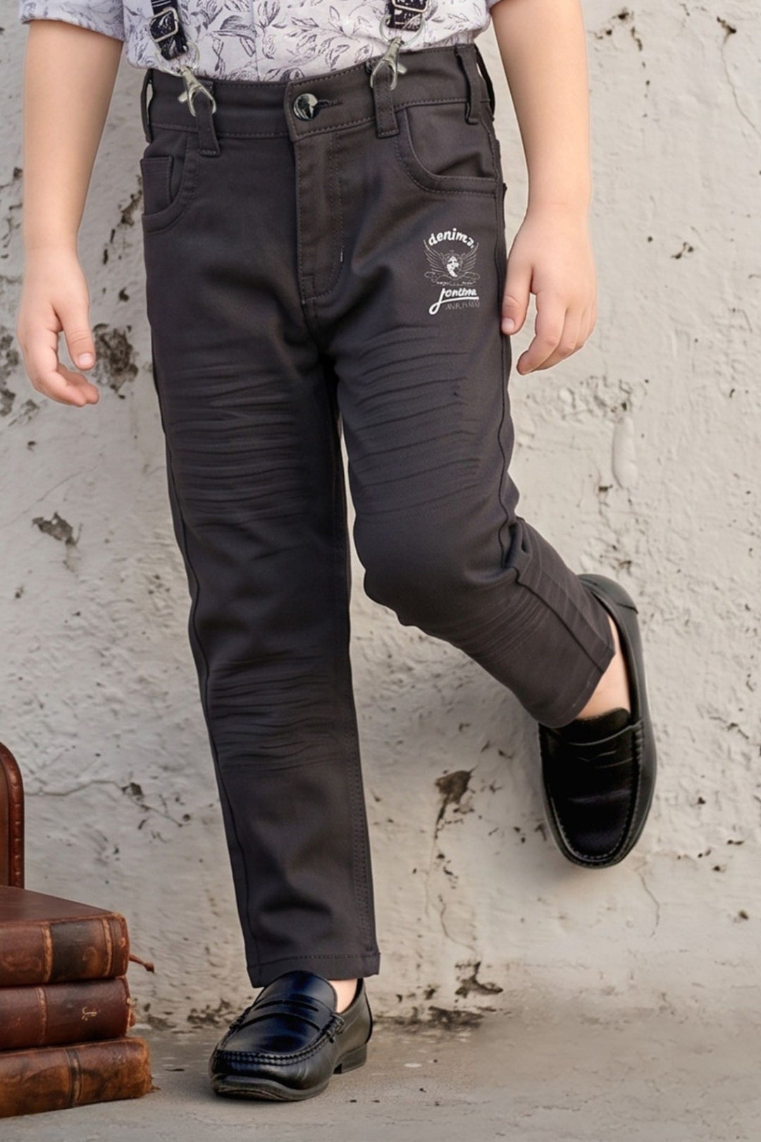 White with Dark Grey Digital Print Suspender Style Pant Shirt Set for Boys