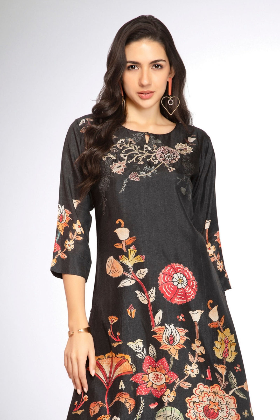 Black Floral Print Calf Length Kurti
