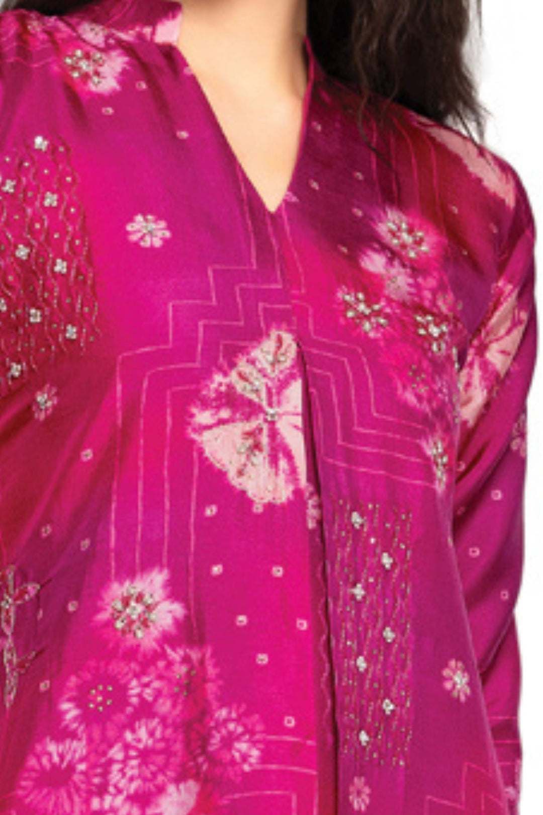 Magenta Digital Print and Beads work A-line Cut Calf Length Kurti