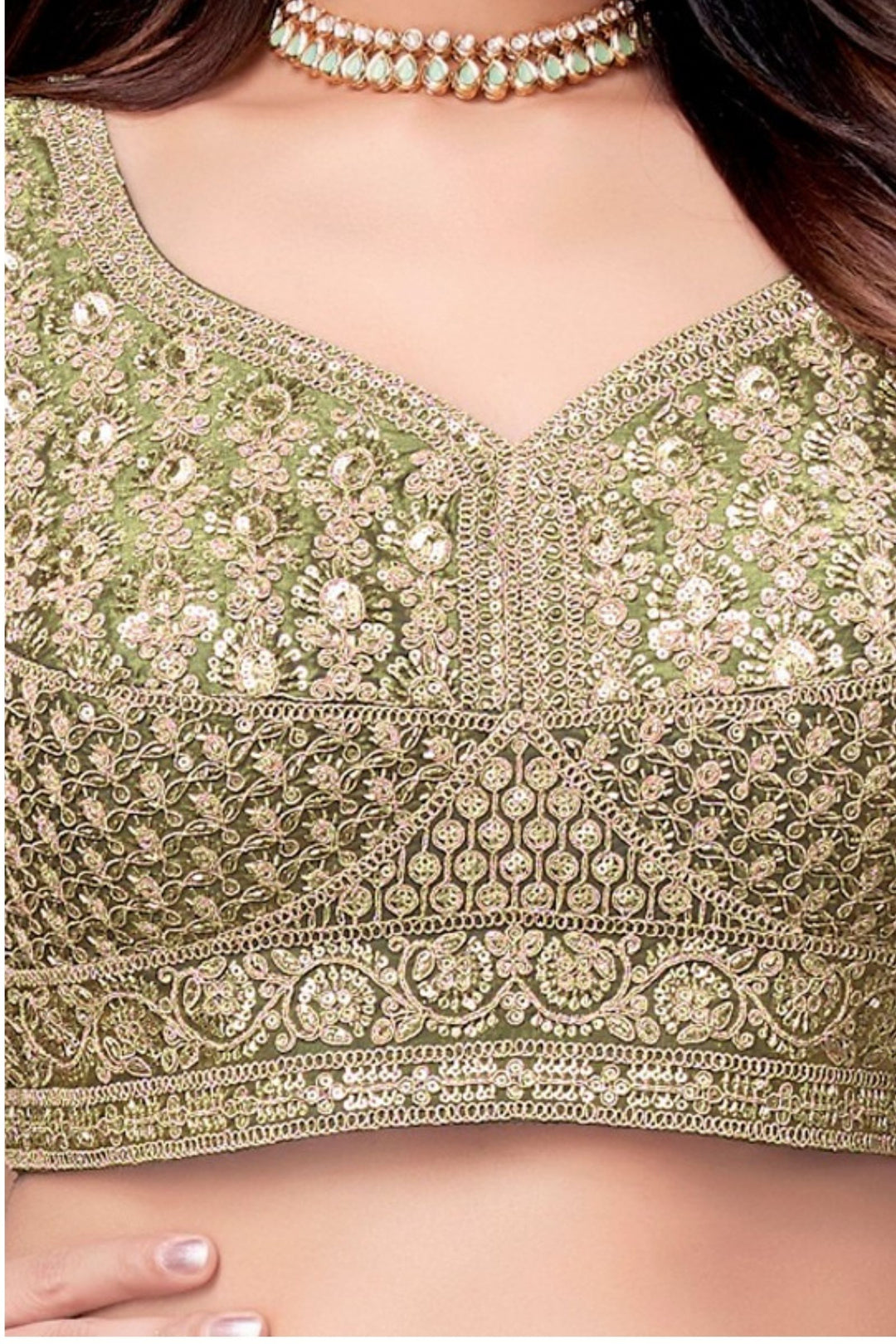 Mehendi Green Sequins, Beads and Zari Thread work Crop Top Lehenga