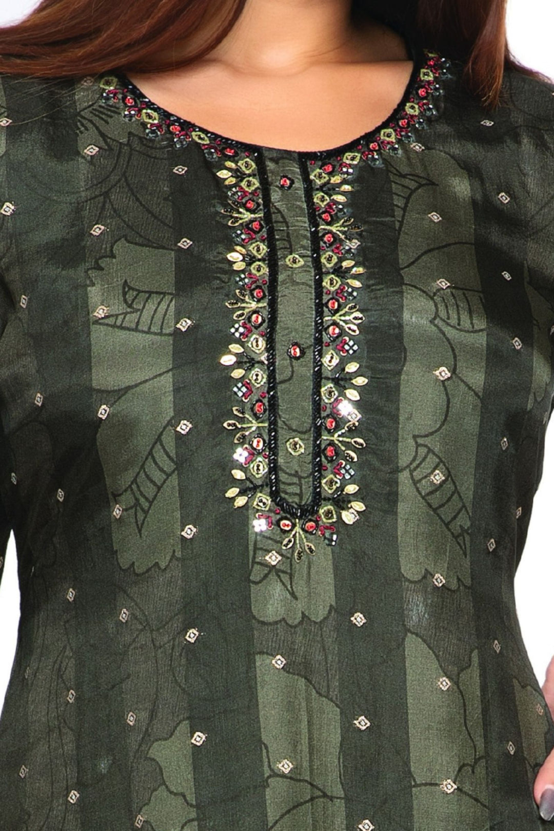 Elephant Grey with Red Floral Print, Beads, Mirror and Banaras Butta work Straight Kurta Set