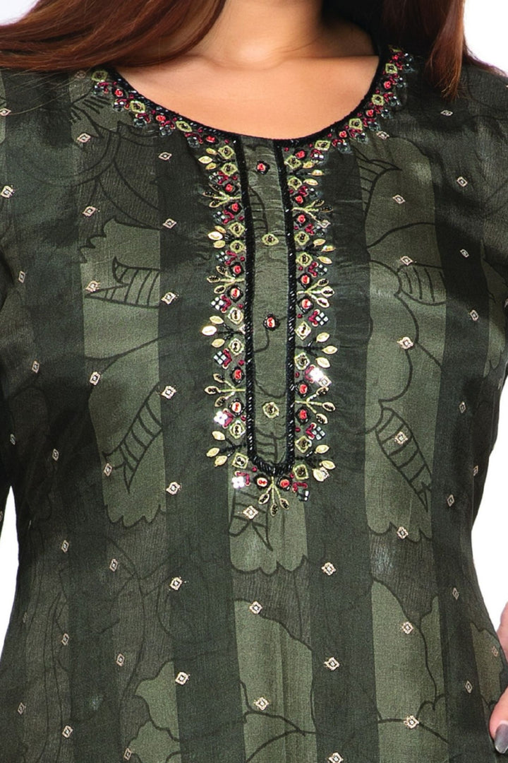 Elephant Grey with Red Floral Print, Beads, Mirror and Banaras Butta work Straight Kurta Set