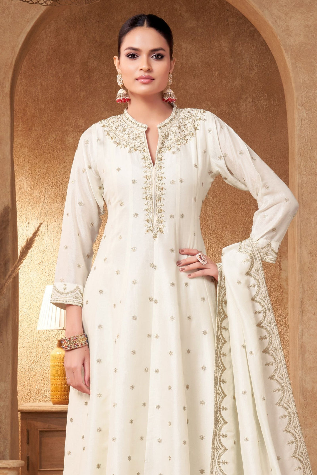 Cream Zari, Zardozi, Sequins and Stone work A-line Cut Salwar Suit