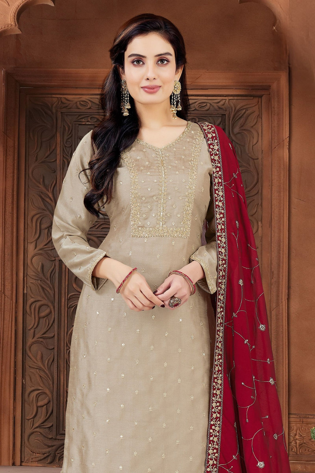 Beige Sequins, Zari and Beads work Straight Cut Salwar Suit
